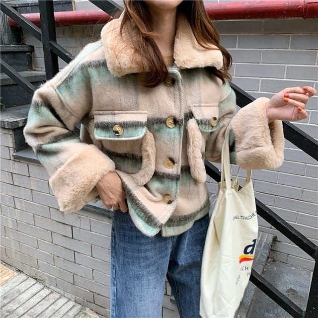 swagger チェック柄 ファーコート アウター チェック柄 ウール コート レディース アウター ジャケット チェック