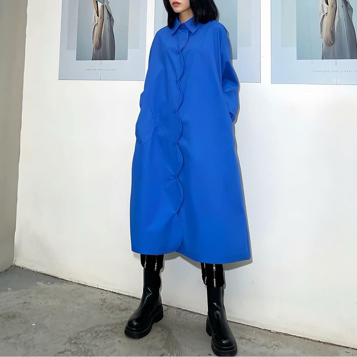 ASYMMETRIC WAVE CUT LONG SLEEVE SHIRT DRESS M-18732
