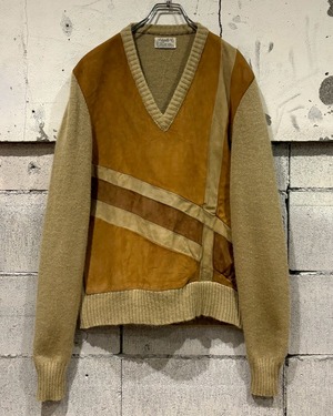 【Caka otto】70's Suede Leather Switching Euro Vintage V Neck Mohair Knit