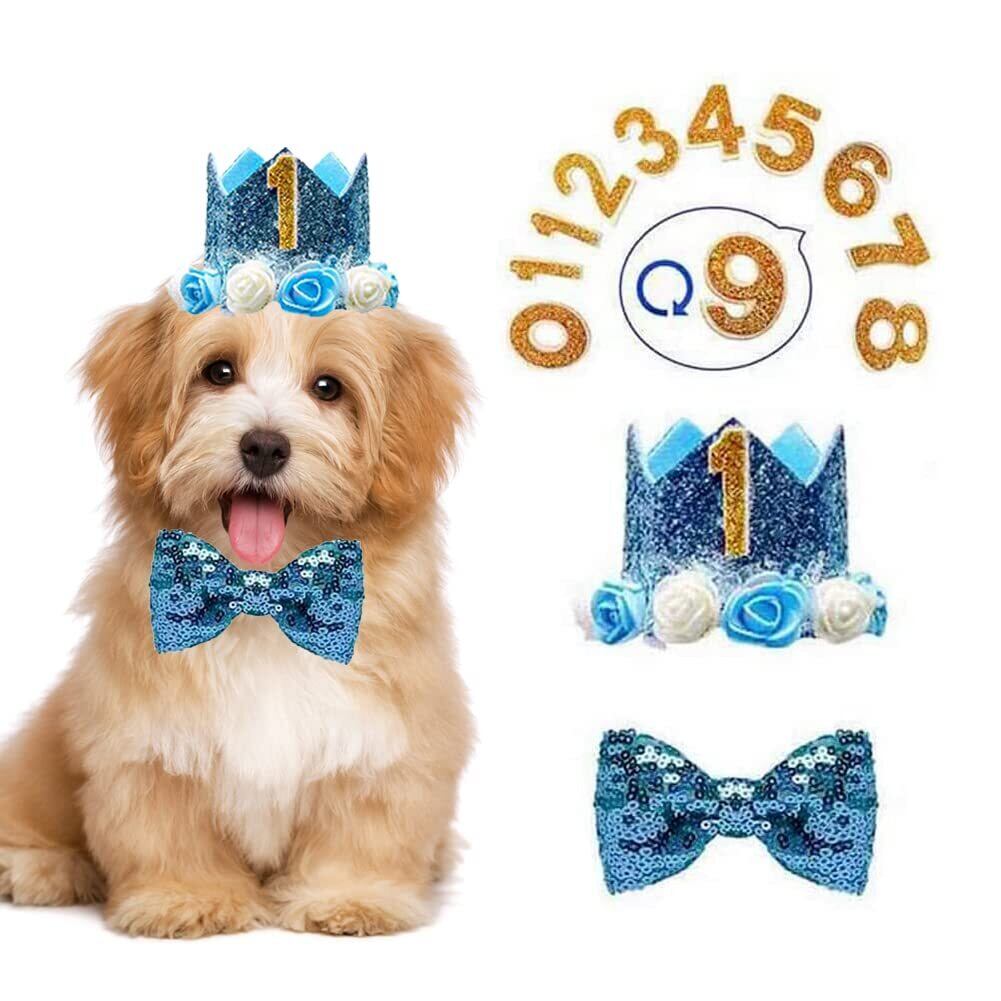 【数量限り】犬 誕生日 帽子 蝶ネクタイ 犬 猫用 誕生日グッズ 誕生日帽子 3点セット バースデー帽子 ペット用誕生日帽子 王冠 数字付き クラウン きらきら バースデーハット 飾り付け ペット 帽子 誕生日ハット(ブルー)