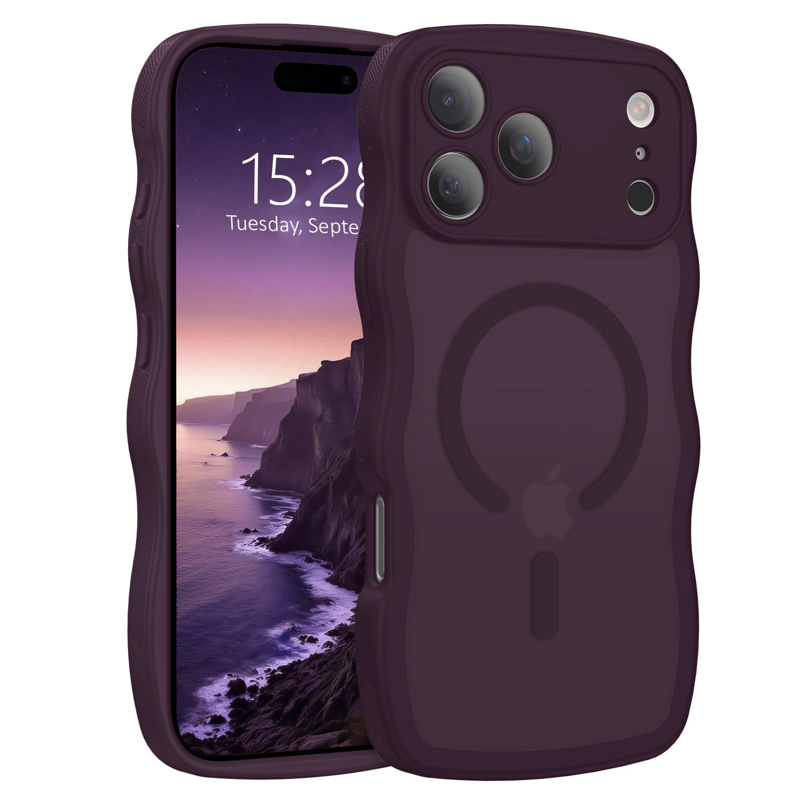 AVETUL iPhone 18 pro max ケース MagSafe対応 ウェーブ ワイヤレス充電対応 マット 韓国 うねうね おしゃれ マグネット搭載 超強磁力 iPhone18promaxケース 滑り止め 米軍MIL規格耐衝撃 かわいい アイフォン18プロマックス 半透明ハード カバー (ダークチェリー)