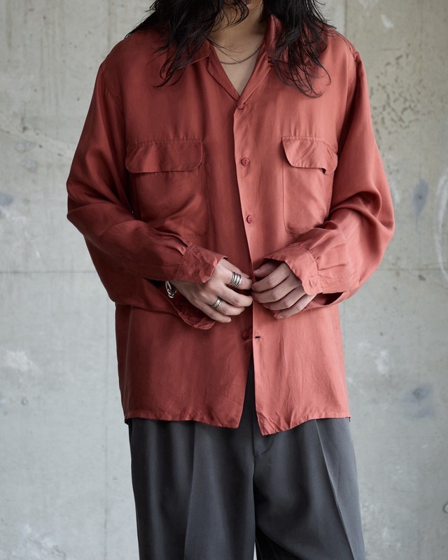 double flap pocket open collar shirt / 100% silk / From FRANCE