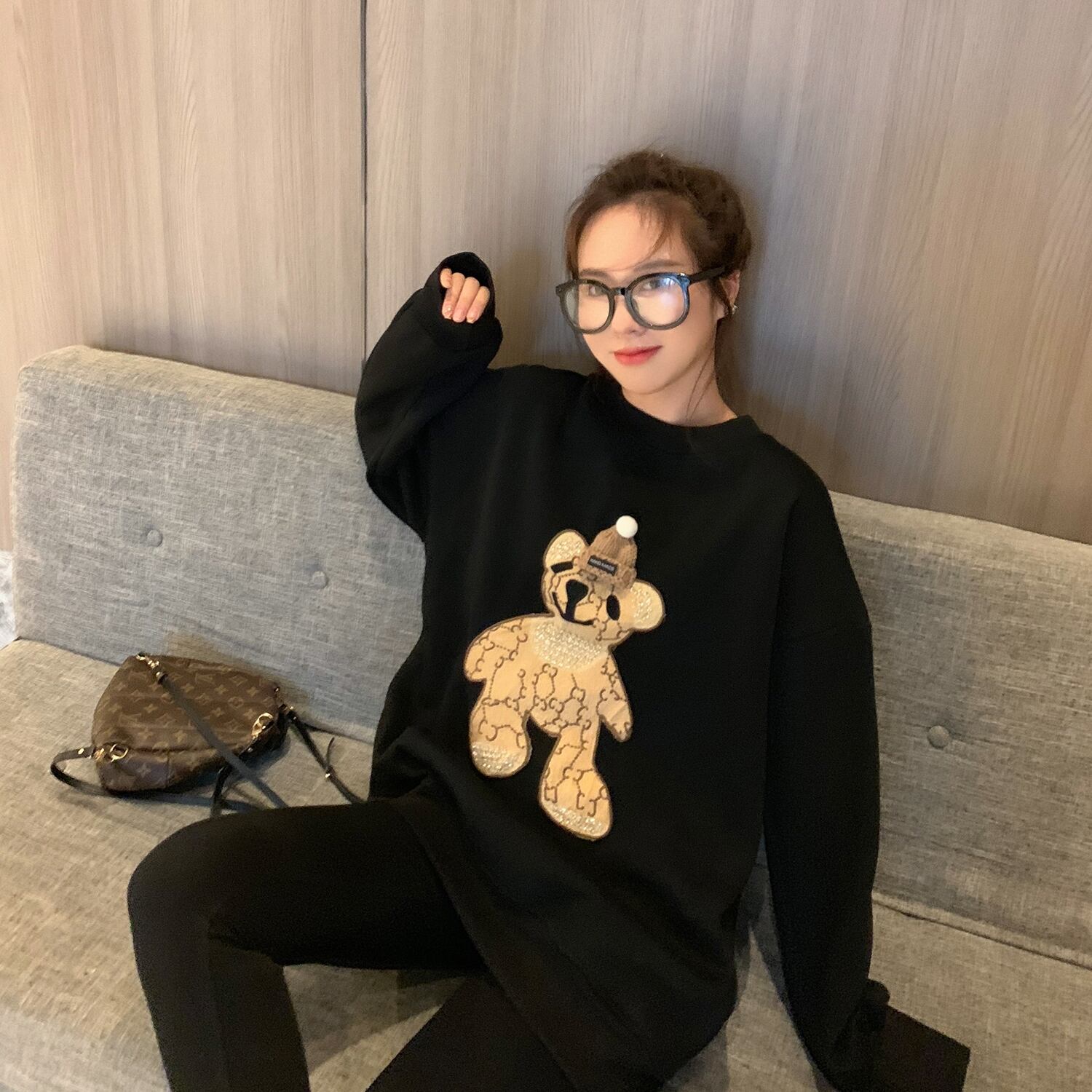 スプリングスタイルレッドセーター レディースルーズブラックプリント柄トップス 春物 6Du_Shop_Women31445589378