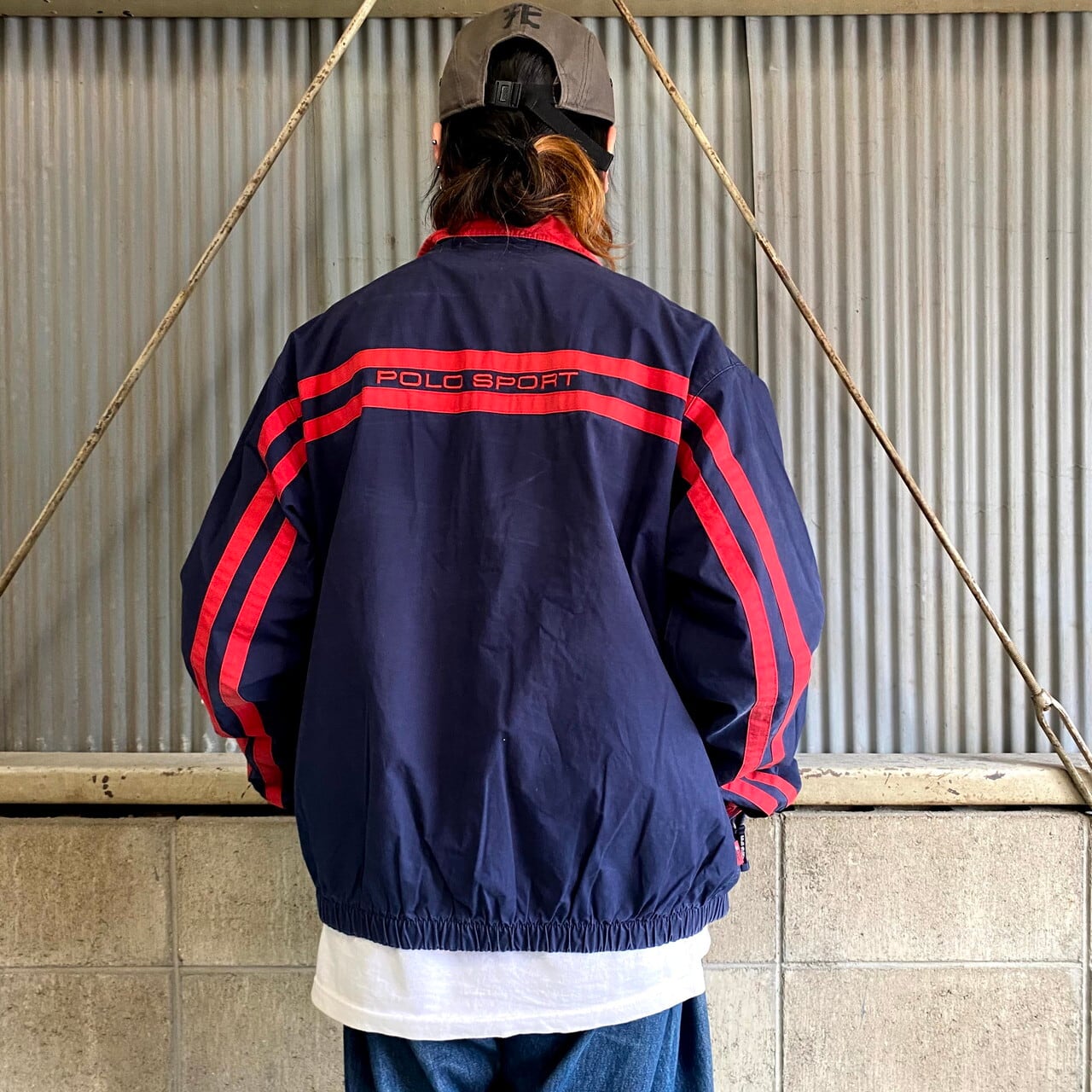 Champion vintage チャンピオン ヴィンテージ ジャケット サイズ:XXL 90s バックロゴ刺繍 ナイロン フルジップ トレーニングジャケット スポーツウェア 90年代 ヴィンテージ ネイビー グレー 紺 アウター ブルゾン  ブランド【メンズ】メンズ