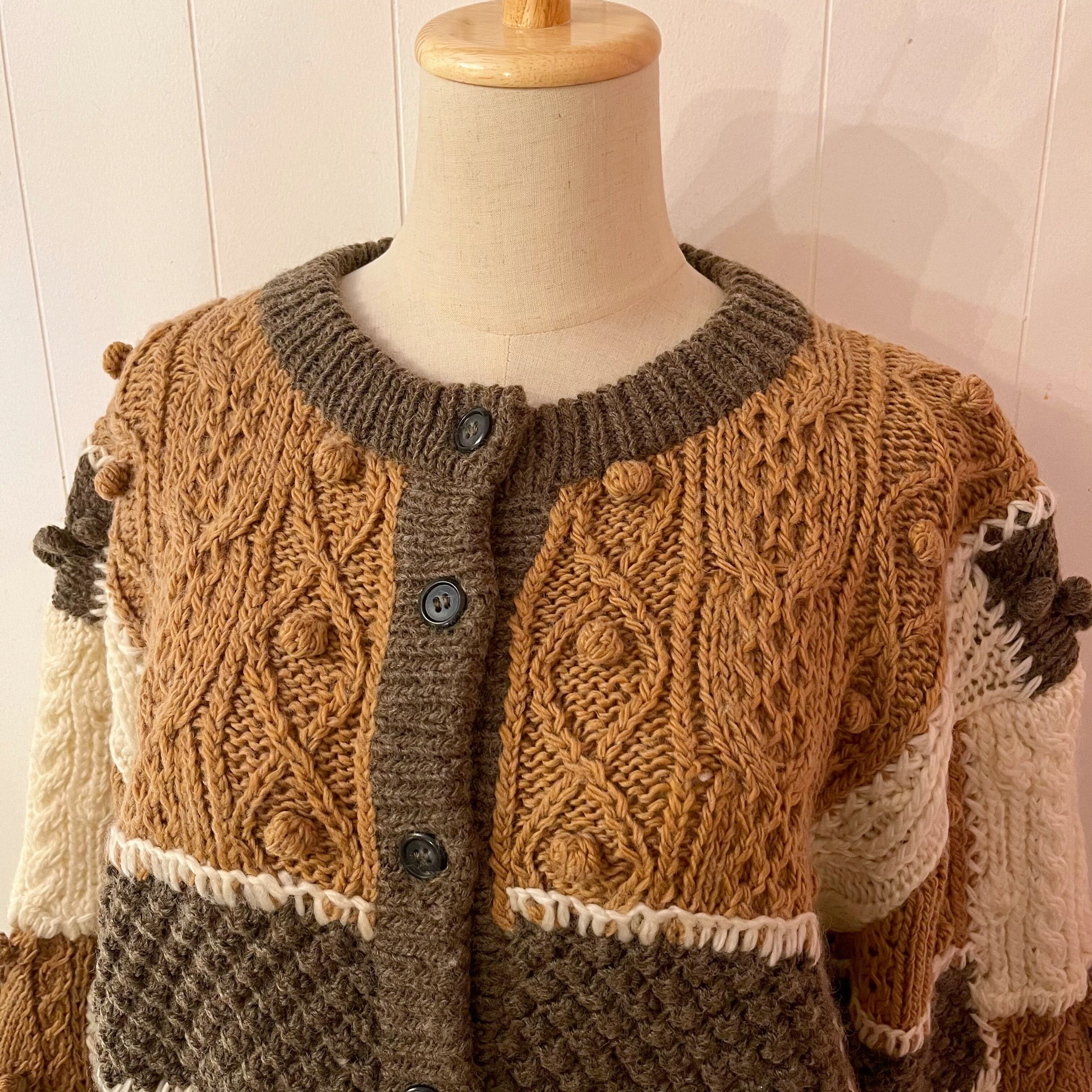 patchwork ponpon knit cardigan