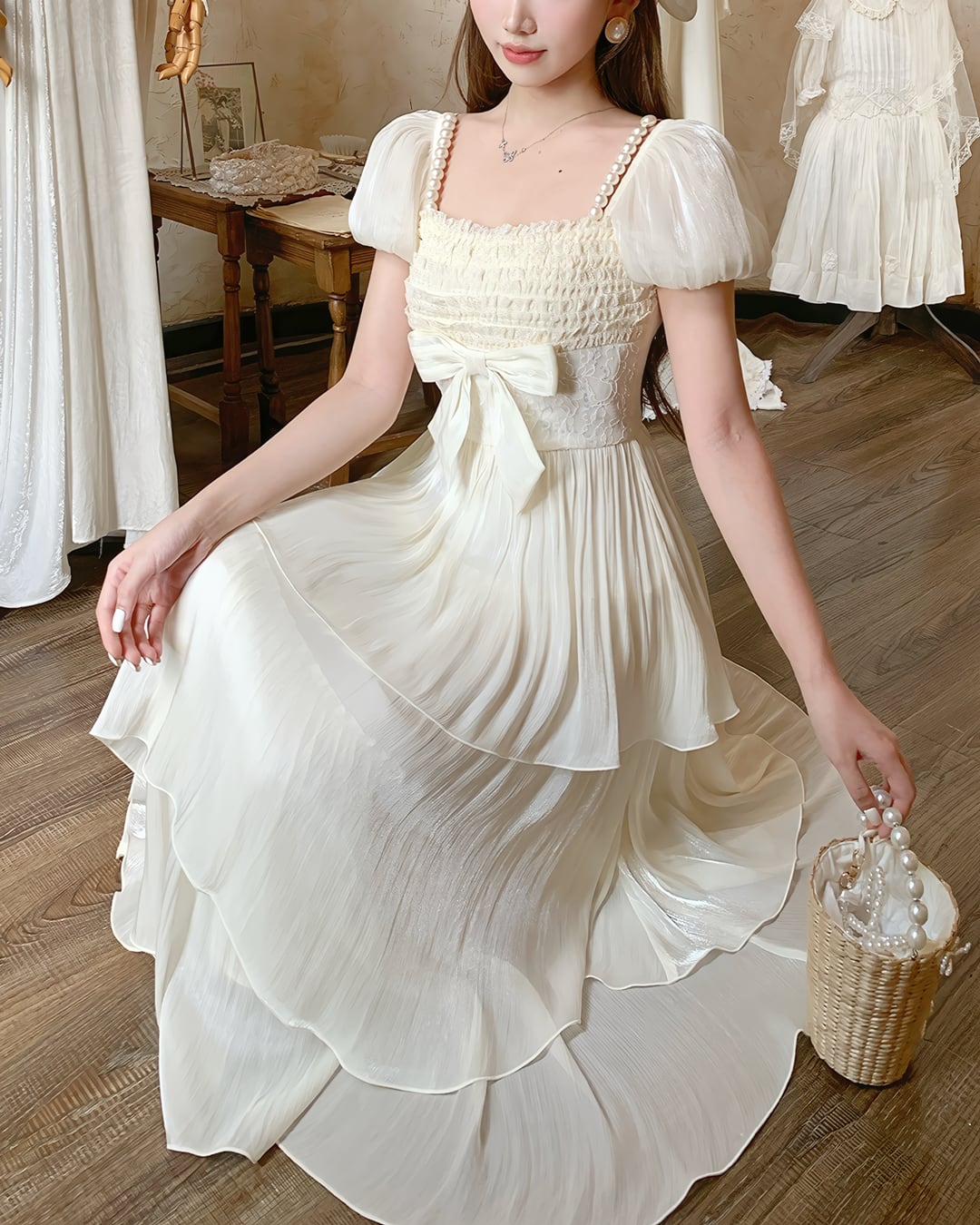 パールストラップティアードシフォンワンピース 2508004