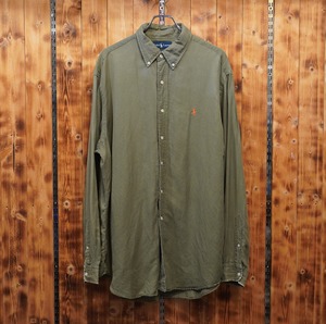 ralphlauren classic fit リネン シルク シャツ XL オリーブ ラルフローレン