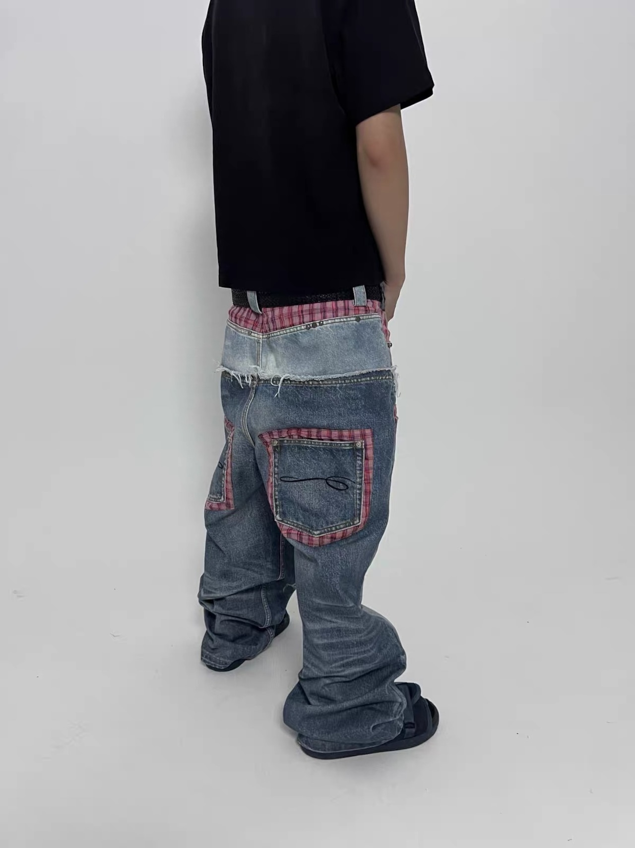 【TecNineGroup】PLAID DOUBLE-WAIST JEANS