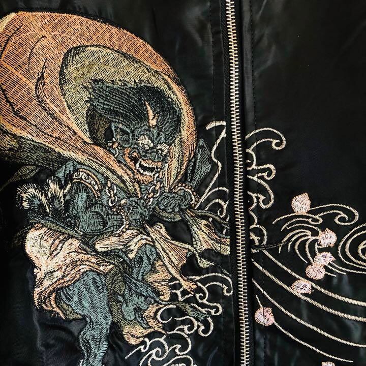 雷神 刺繍 メンズ スカジャン ジャケット ブラック 個性的 アウター