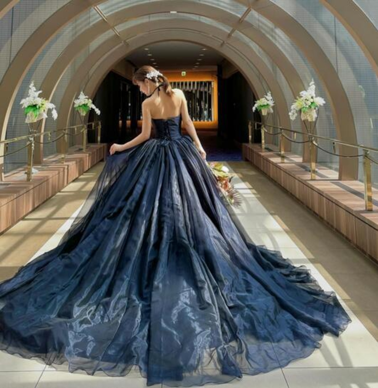 エレガント カラードレス ブルー オフショルダー ソフトチュール  