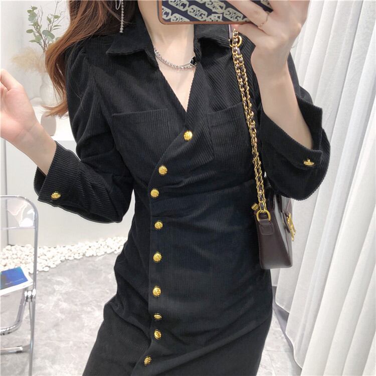 きれいめ レトロ ファッション スリム コーデュロイ ワンビース 女性 Aライン