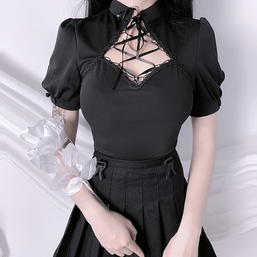 ✞✝✞ ダークブラックショートTシャツ きれいめ☆バンドスリーブトップス 大人女子☆ レース ✞✝✞ ゴスロリ SM ミリ 甘ロリ クラロリ 和ロリ エレガント 黒ロリ 姫ロリ 華ロリ AA-AA9639512