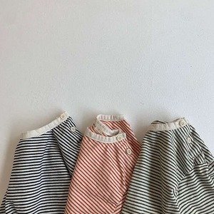 【73-100】秋ソフトコットンボーダー柄ボタン付きクルーネック長袖インナートップス ベビー 男女兼用