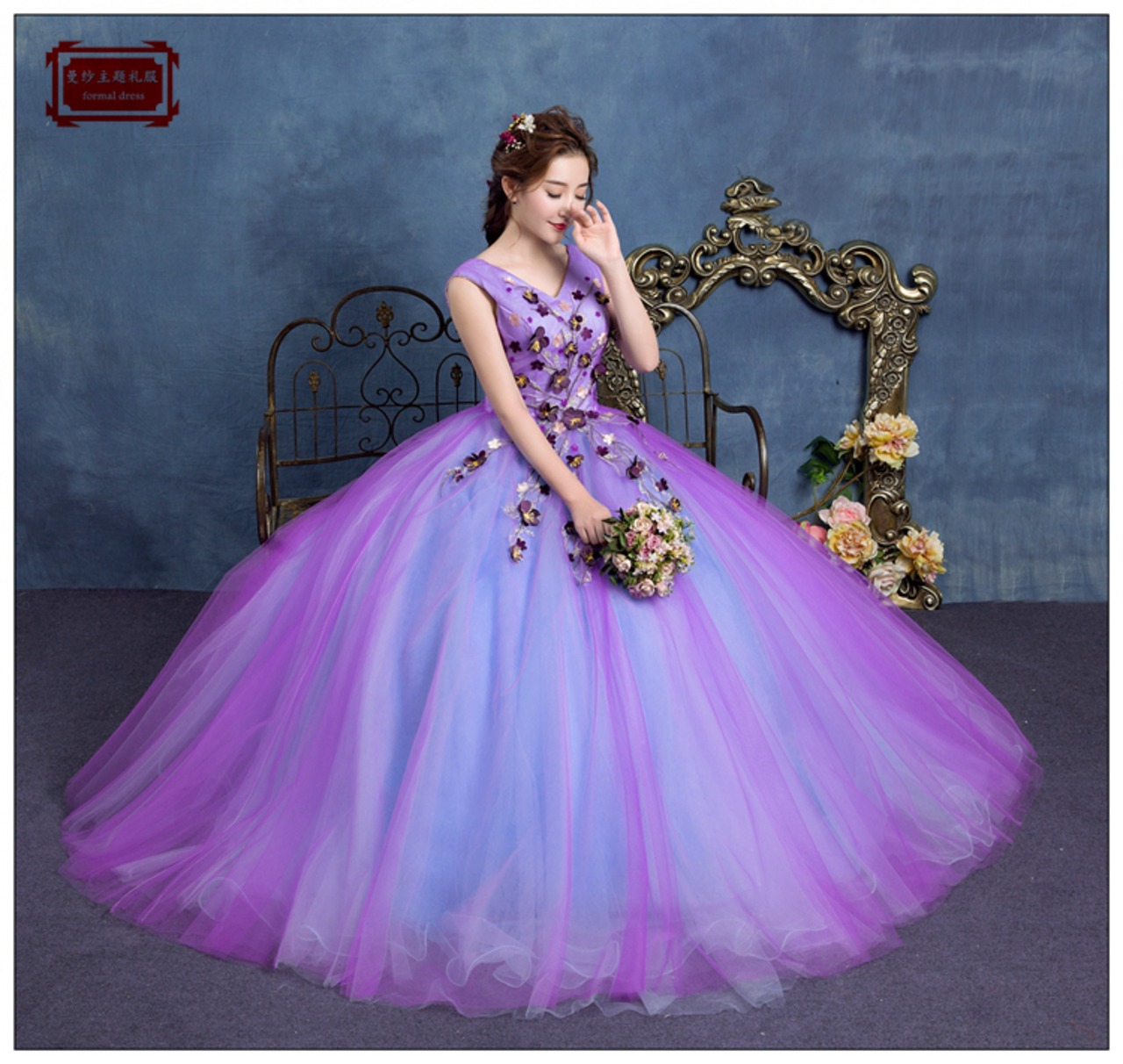 カラードレス 紫青 ロング 床付く ステージ衣装 ピアノ演奏会/音楽会  