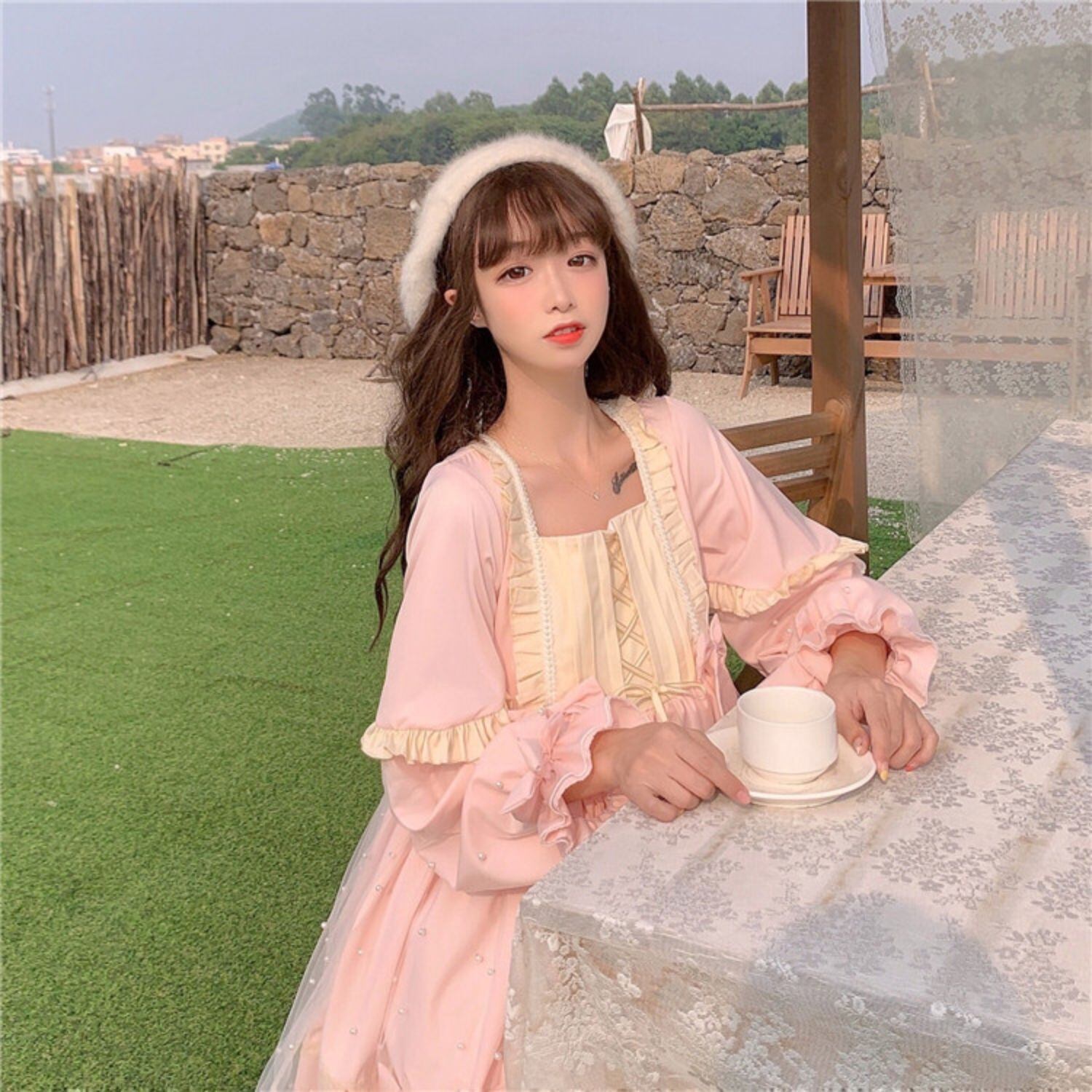 ⑤ティーカップ襟長袖ワンピース♡140 - パール×リボンお茶会 