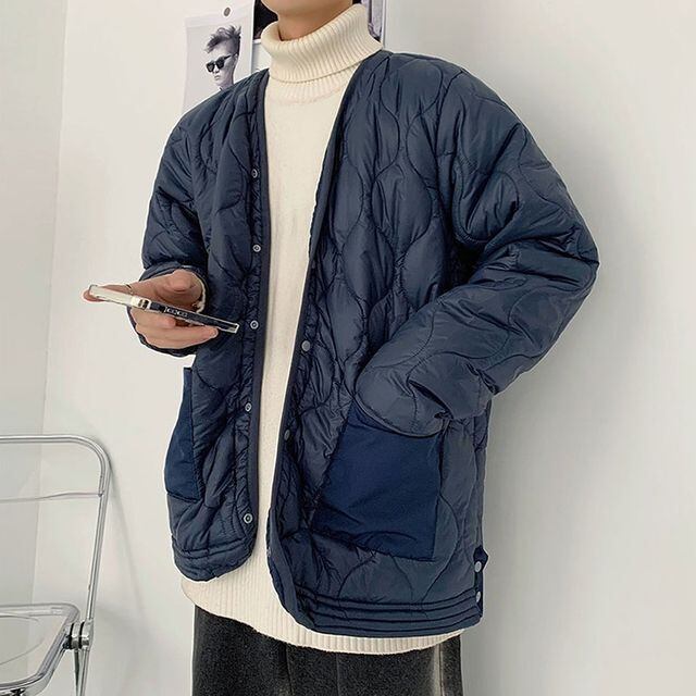 【予約販売】ノーカラー ジャケット リバーシブル キルティング 無地 オーバーサイズ キャメル ネイビー グレー ショート丈 コート 防寒 お洒落 こなれ感 ベーシック 秋冬 大きいサイズ M/L/XL/2XL