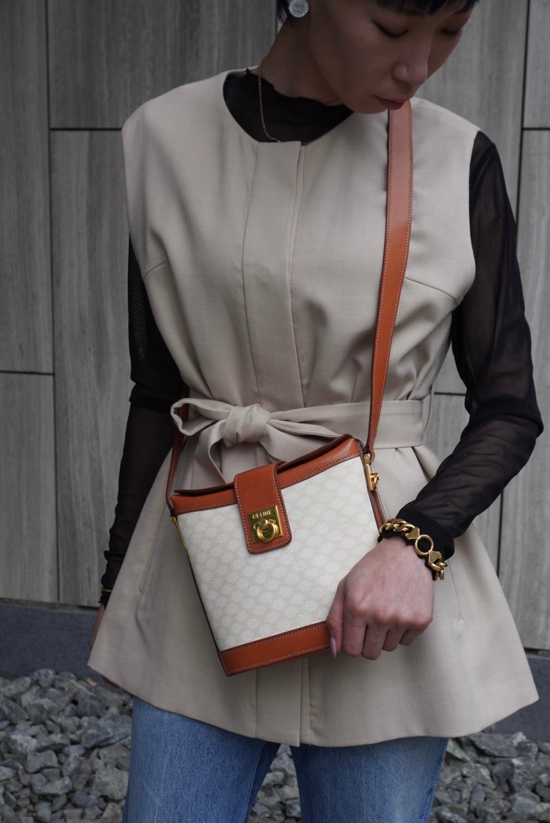 CELINE セリーヌ マカダム ショルダーバッグ ホワイト ブラウン
