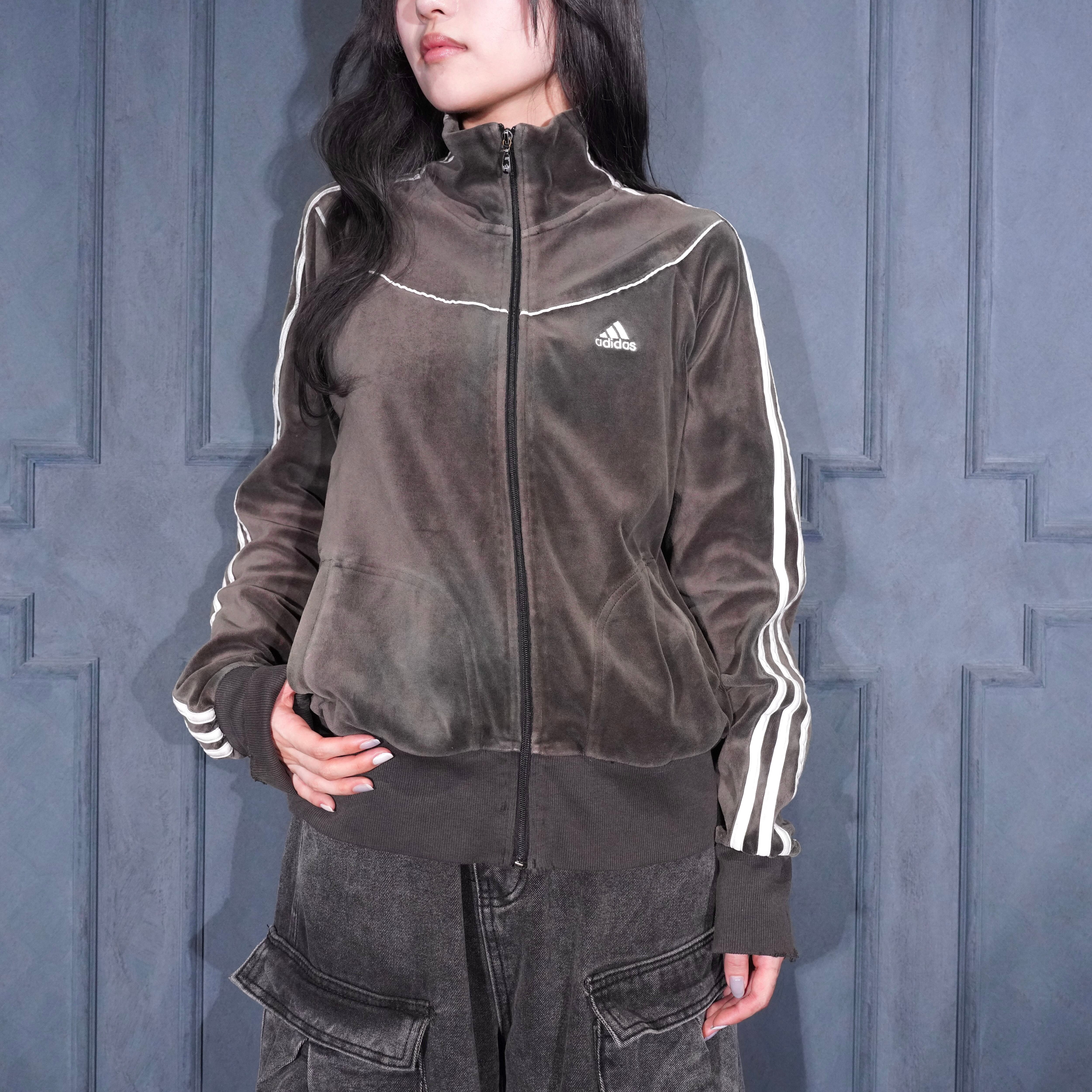 00's USA VINTAGE adidas LOGO EMBROIDERY DESIGN VELOUR ZIP UP TRACK
