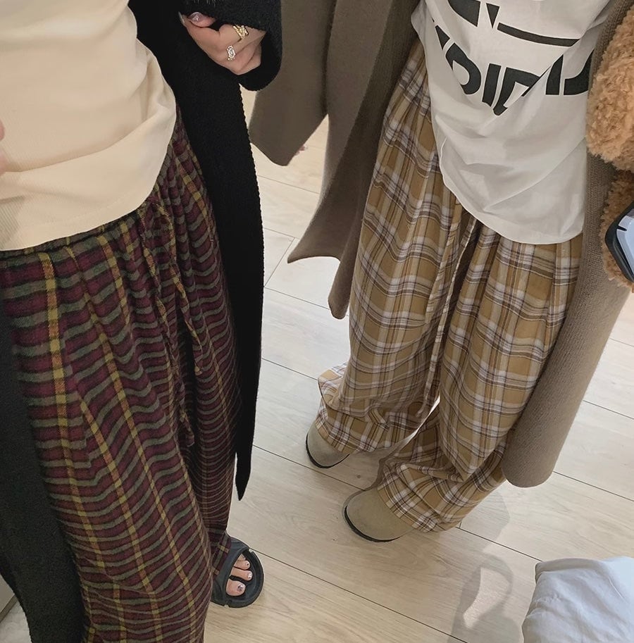 ロング カーディガン チェックパンツ レディース 韓国 ファッション