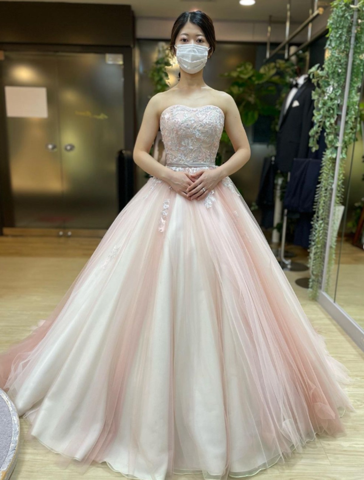 ウェディングドレス カラードレス 薄ピンク ふっくら柔らかなバックリボン 3D立体レース刺繍 ブライダル | Cinderelladress  powered by BASE