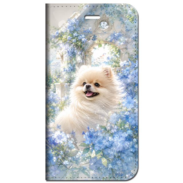 iPhone対応 スマホ 手帳型ケース 夏 ルリマツリ プルンバゴ ポメラニアン 犬 シアー フルブルーム くすみカラー 水彩 華やか 癒やし 満開花畑 犬 ボタニカル ペールブルー グレージュ スプラッシュ 大人可愛い スマホケース スタンド 【iPhone17 / iPhone16e / iPhone16 他 iPhone各機種対応】 |ianusl16