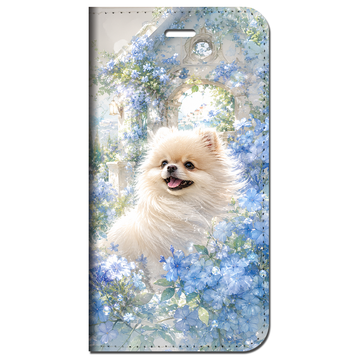 iPhone対応 スマホ 手帳型ケース 夏 ルリマツリ プルンバゴ ポメラニアン 犬 シアー フルブルーム くすみカラー 水彩 華やか 癒やし 満開花畑 犬 ボタニカル ペールブルー グレージュ スプラッシュ 大人可愛い スマホケース スタンド 【iPhone17 / iPhone16e / iPhone16 他 iPhone各機種対応】 |ianusl16