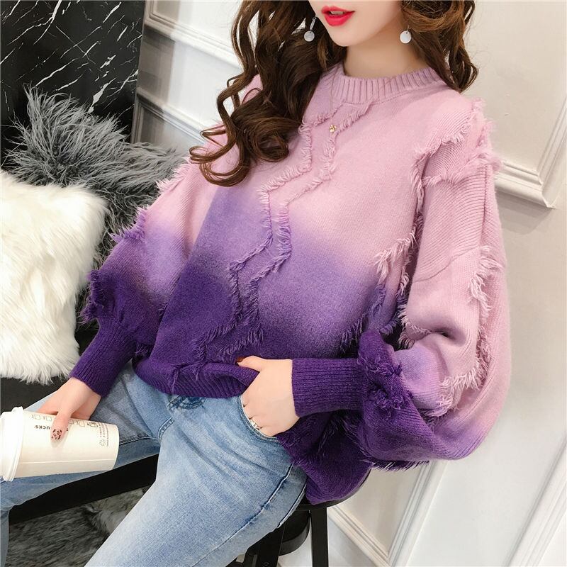 トップス レディース セーター 3カラー S M L XL 2XL 3XL ブルー グリーン パープル カラバリ ニット クルーネック 長袖 無地 グラデーション フリンジ ランタンスリーブ ボリューム袖 リブ ドロップショルダー ゆったり ゆる ルーズ 体型カバー 二の腕カバー シンプル カジュアル フェミニン キュート 大人可愛い おしゃれ 普段使い デート お出かけ 女子会 休日 旅行 通勤 通学 着まわし 送料無料 こなれ感 韓国系 ファッション コーデ スタイル モテ サイズ展開豊富 秋 冬