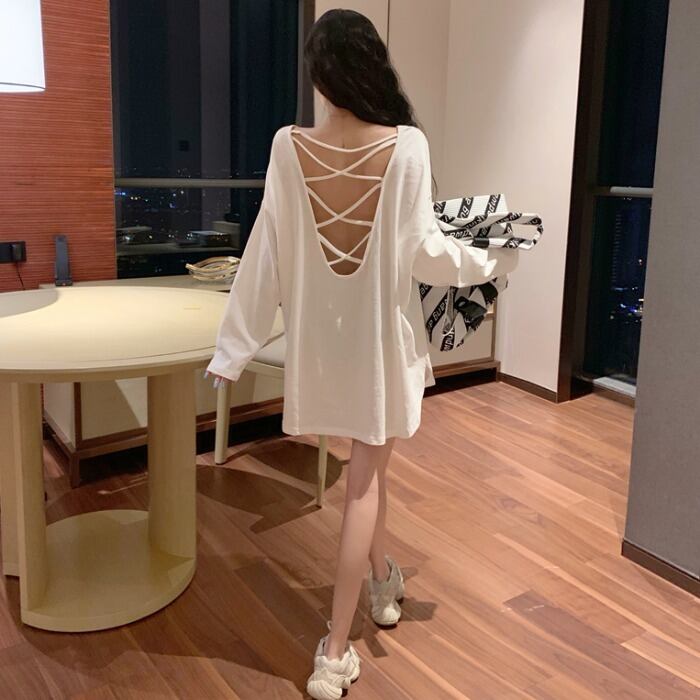 スリムラウンドネックTシャツ ホルタークロスルーズトップス ロング Oネック ガールズファッション14129237935