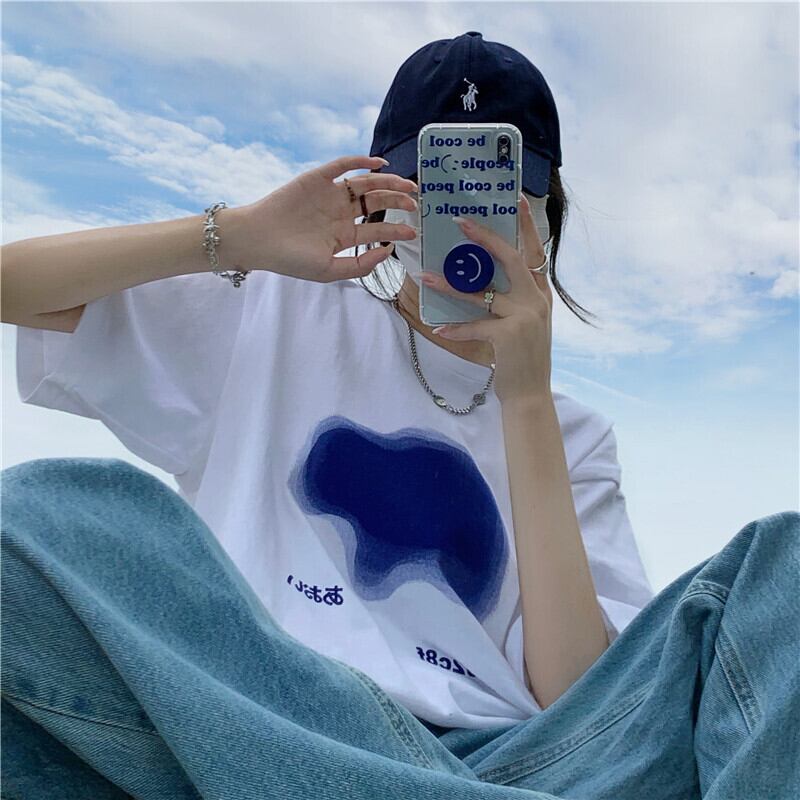 サマールーズロングプリントTシャツ カジュアルラウンドネック コットン 夏物 Oネック ケッペル67593423291