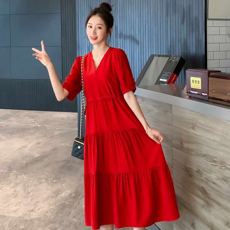 【新作】【送料無料】 マタニティウェア2020夏の新しいシフォンVネック巾着プラティコドンドレス、トレンディなママミドル丈、年齢を減らすマタニティドレス-アリババ サマー 夏物 expec255786962022