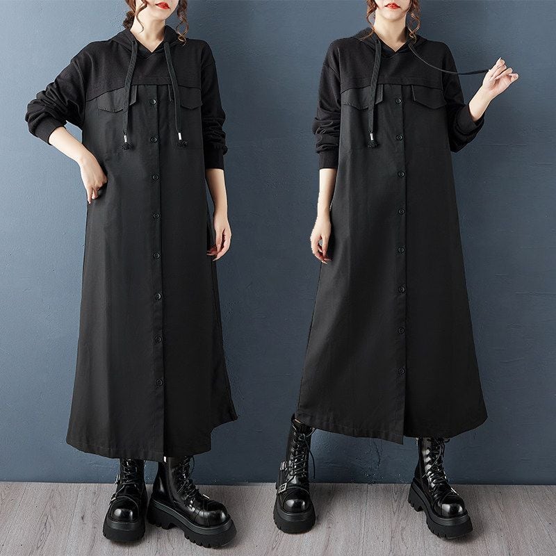 HOODED RELAXED CONTRAST PANEL MIDI SHIRT DRESS M-18858
