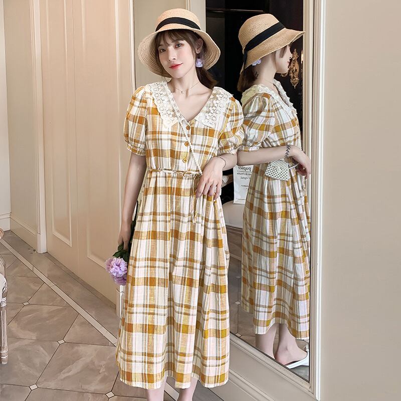 【新作】【送料無料】 マタニティウェア2020夏の新しい綿とリネンのチェック柄ルーズウエストベルトフロントとバックウェア人形の襟の授乳ドレス-アリババ コットン サマー 夏物 ハーネス expec251262620521