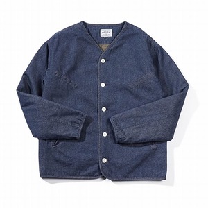 デニム防寒厚手Vネックノーカラージャケット　A0475