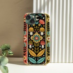 受注生産 iPhoneケース 黒背景の花と植物の民芸柄｜花モチーフ PSYF054C