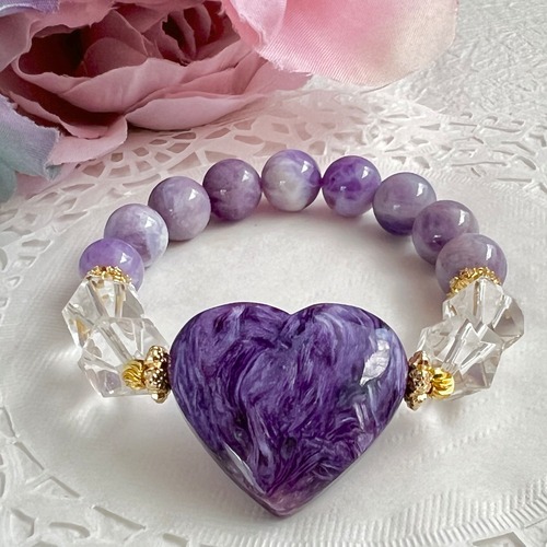 【精神的な癒し チャロアイト ハート デザインブレスレット】‪‪❤︎‬送料無料‪‪❤︎‬天然石 パワーストーン