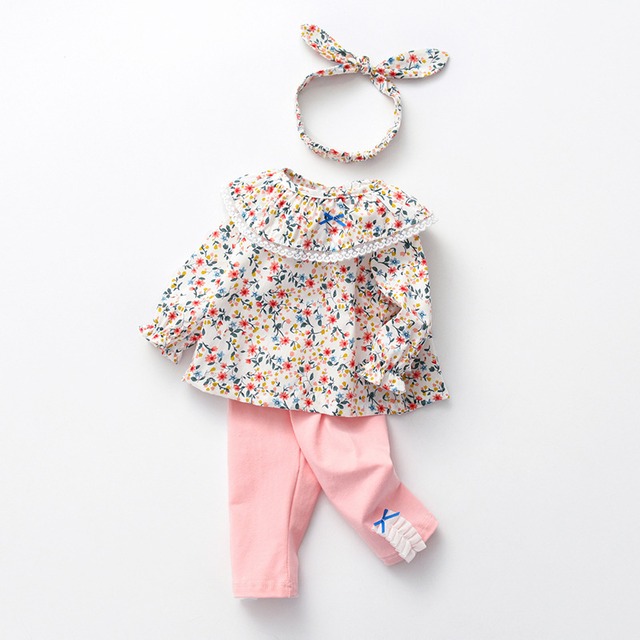 ラウンドカラーのお花プリントセットアップ（ヘアバンド付き）