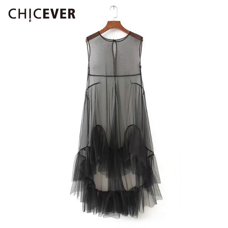 CHICEVERセクシーなシフォンパッチワークドレス女性OネックノースリーブスリムラージサイズパースペクティブAラインドレス 大きめサイズ 6base590610339045