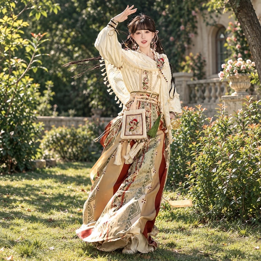 草花を綴る旅人 花刺繍と切替ロングスカートのクラロリ系民族風衣装