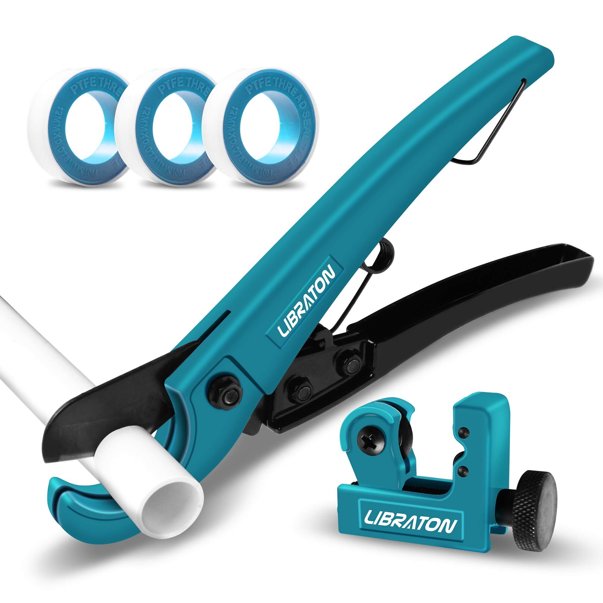 【特価処分】LIBRATON 樹脂カッター 外径32mm以下 フレキ管カッター PVC PPR パイプカッター ミニパイプカッター 切断能力 3〜22mm 銅管・アルミ管・塩ビ管用 PTFEシールテープ 10M巻 3個付き