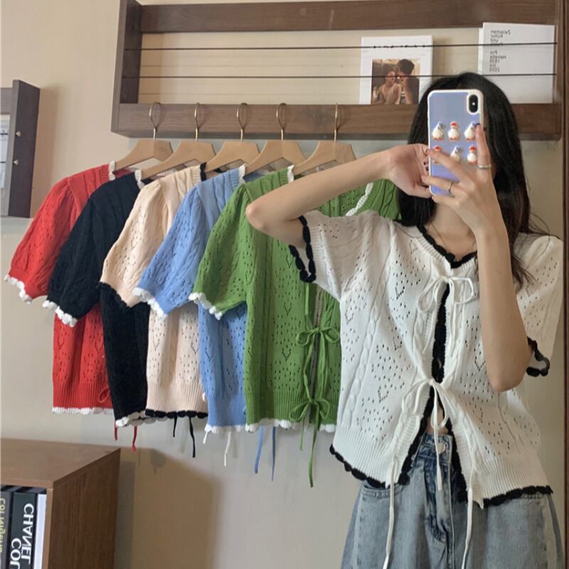 ショートトップス 半袖スリーブニットシャツ レディース レース ハーフスリーブ 大人ガーリー スウィート キュート カジュアル レースアップ YY-ファッション72867179788