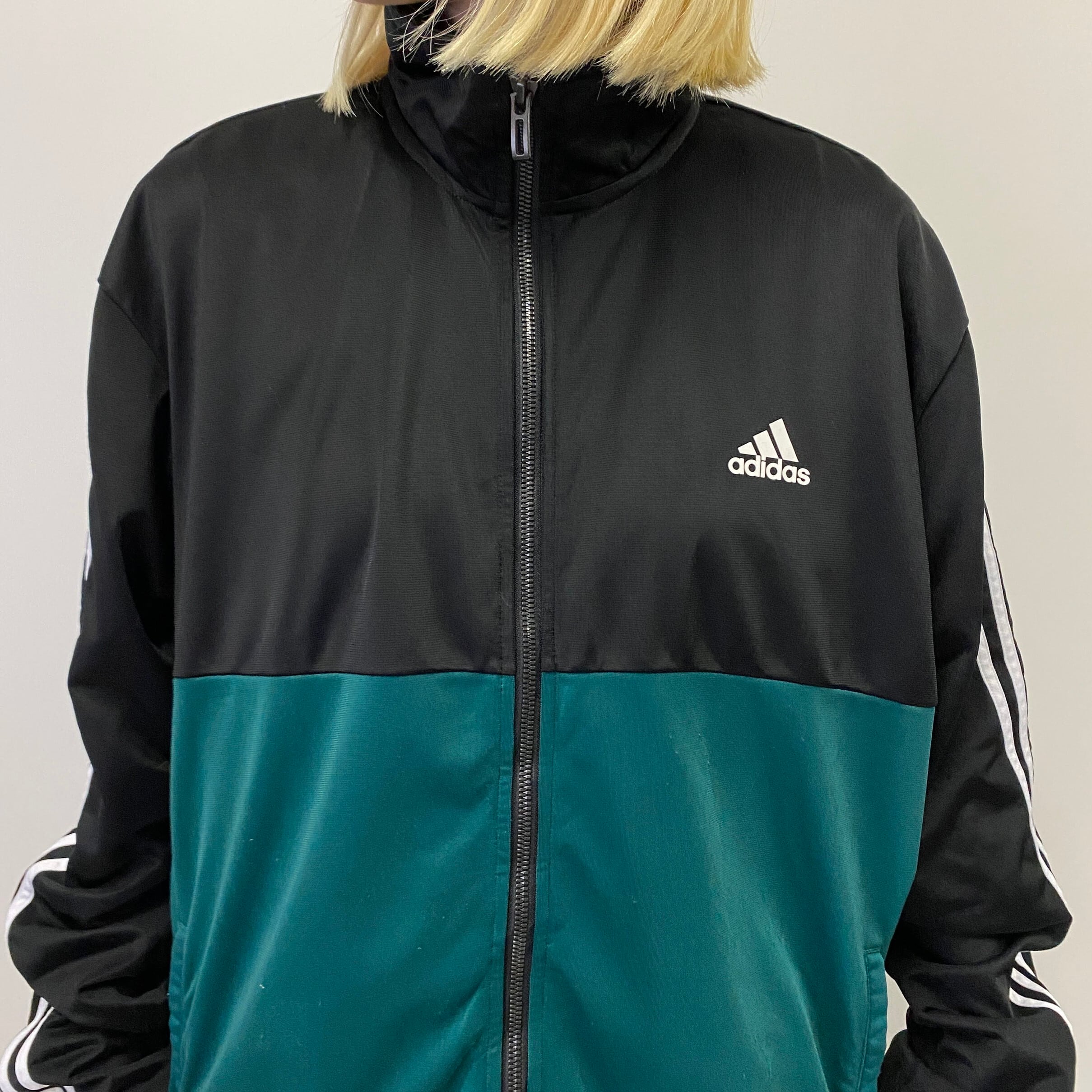 adidas アディダス ジャージ パフォーマンスロゴ ワンポイント プリント 3ライン トラック ジャージ ジャケット メンズXL相当 古着  ブラック×グリーン 黒 緑【ジャージ・トラックジャケット】 | cave 古着屋【公式】古着通販サイト