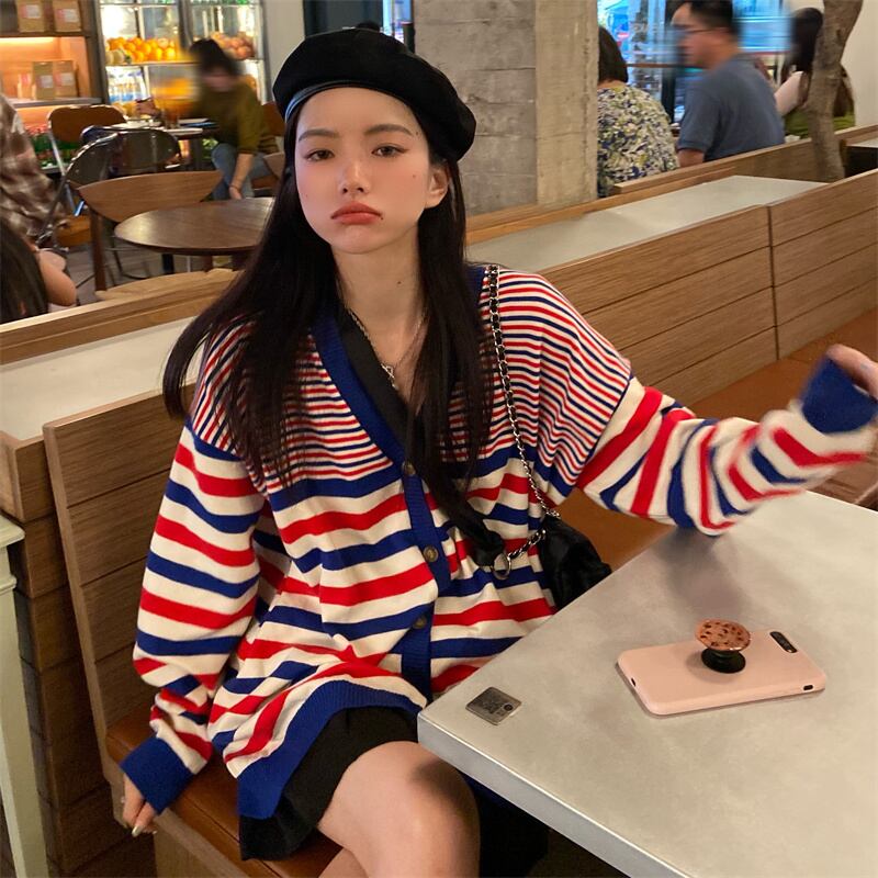 ルーズニットカーディガンオータムVネックジャケット ロング 秋物 モンロー60320782999