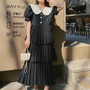 【XS-2XL】パフスリーブ ブラックロングワンピース