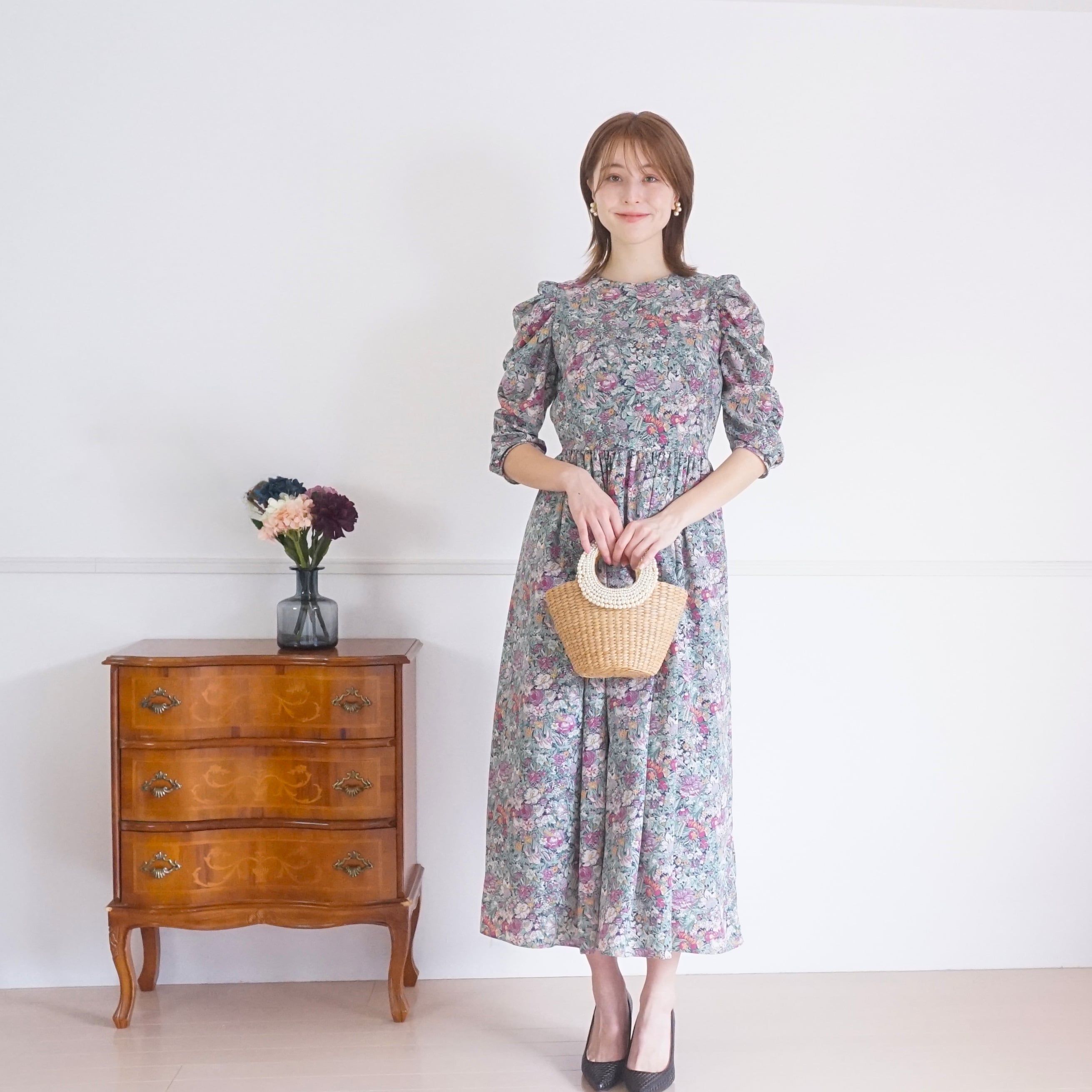 ☆再入荷 LIBERTY gathered sleeve dress リバティ×くしゅくしゅ袖