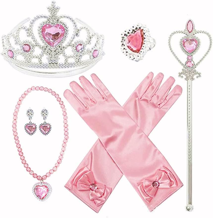【在庫のみ】プリンセス アクセサリー おもちゃ セット ティアラ ブレスレット ネックレス スティック イヤリング リング 手袋 変身 なりきり 子供 コスチューム用小物 パーティーに最適 6点セット (ピンク)