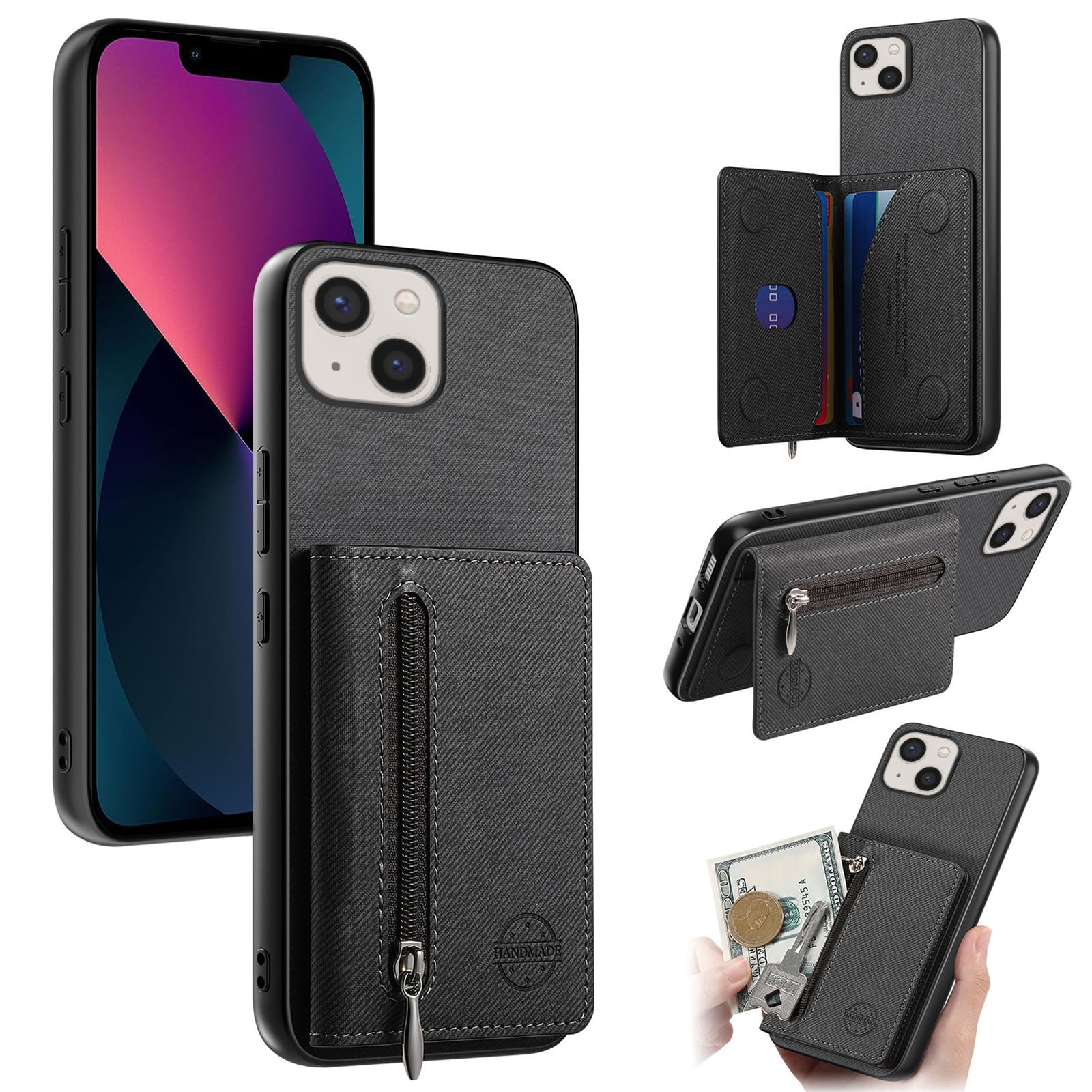 Noaivoky iPhone14 / iPhone13 に適合する ケース 手帳型 いphone14 用の ケース 手帳型 背面カード収納 iPhone 14向けの スマホケース 小銭入れ アイフォン13 用の スマホカバー スタンド機能 アイホン14 向けの ジッパー付き おしゃれ あいほん13 向けの 財布型ケース 耐衝撃 防水 耐摩擦 - ブラック