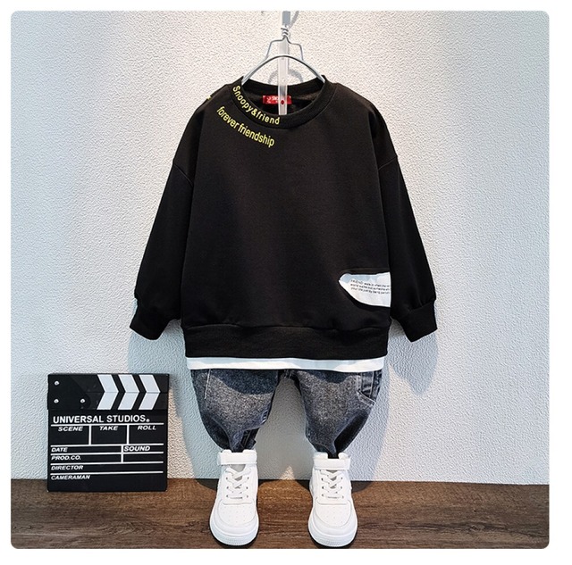 予約商品 Peanuts スヌーピー スウェット クルーネック ピーナッツ トレーナー アメカジ キャラクター Snoopy 男の子 ブラック 子どもセットアップ 2点セット キッズ服 長袖 トップス ロングパンツ 韓国 子供服 韓国 子ども服 韓国こども服 韓国 ベビー服 綿 キッズ