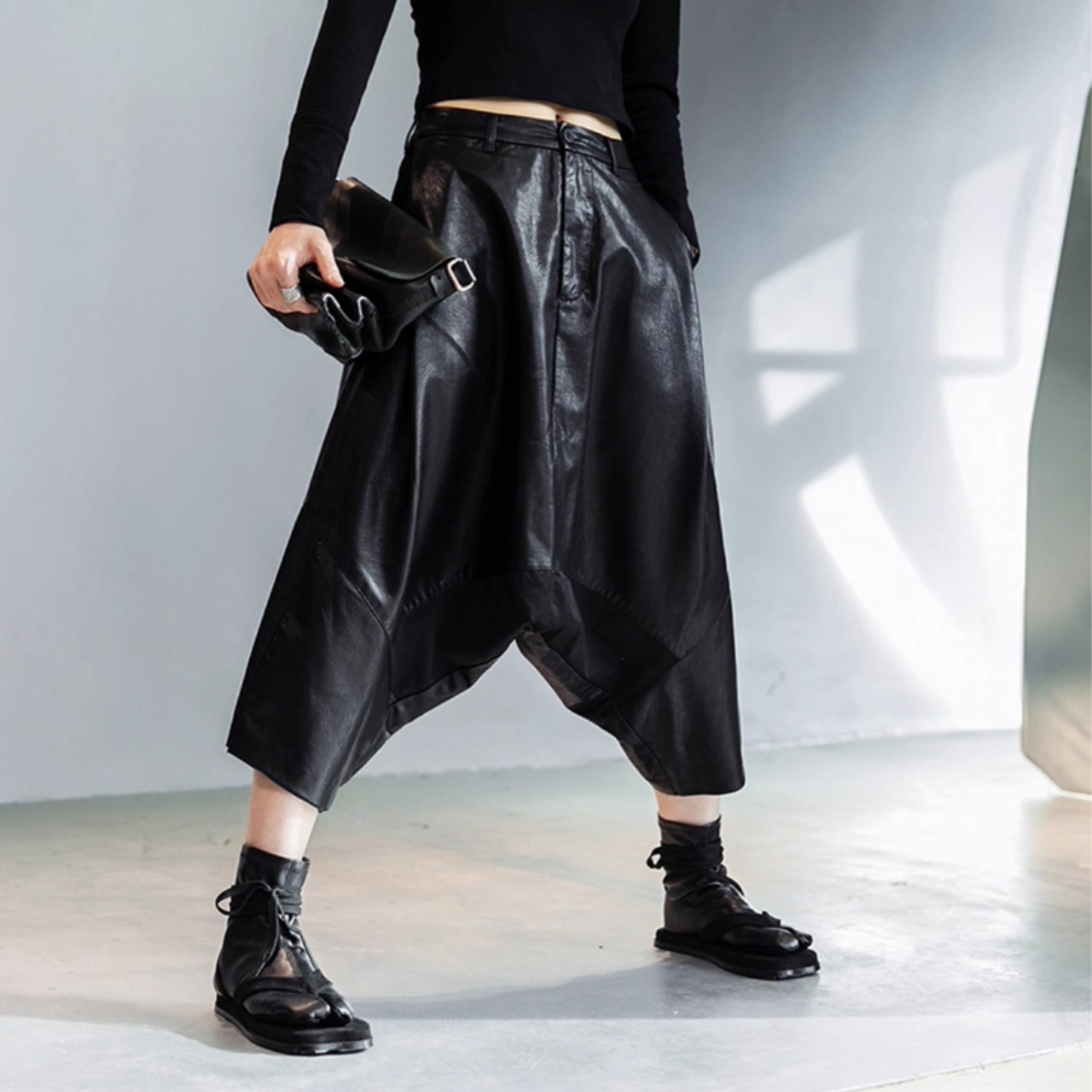 Patchwork leather pants with drop crotch harem design (ME142)