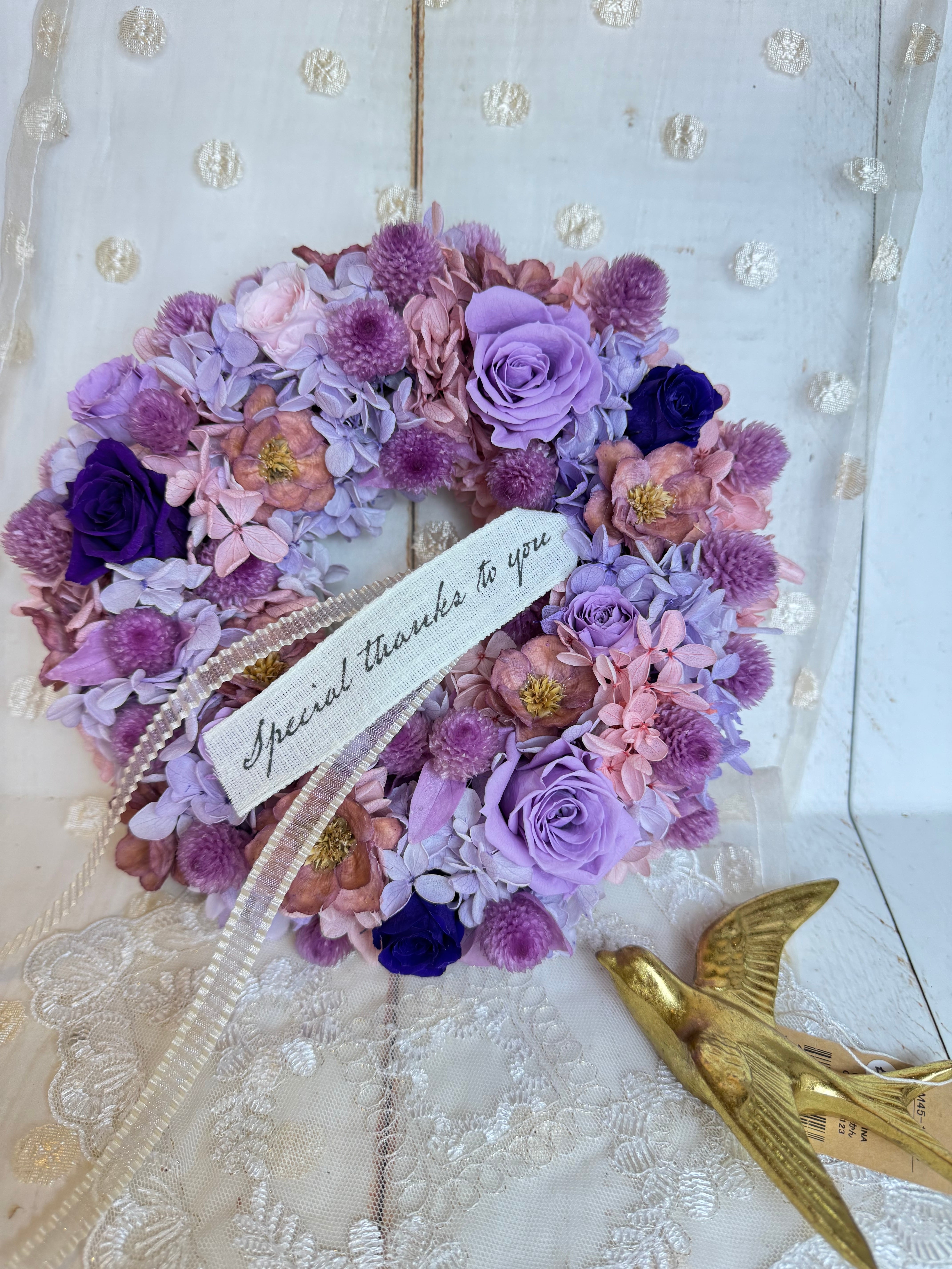 プリザーブドフラワーリース リラの花咲く季節に寄せて 直径約20センチ