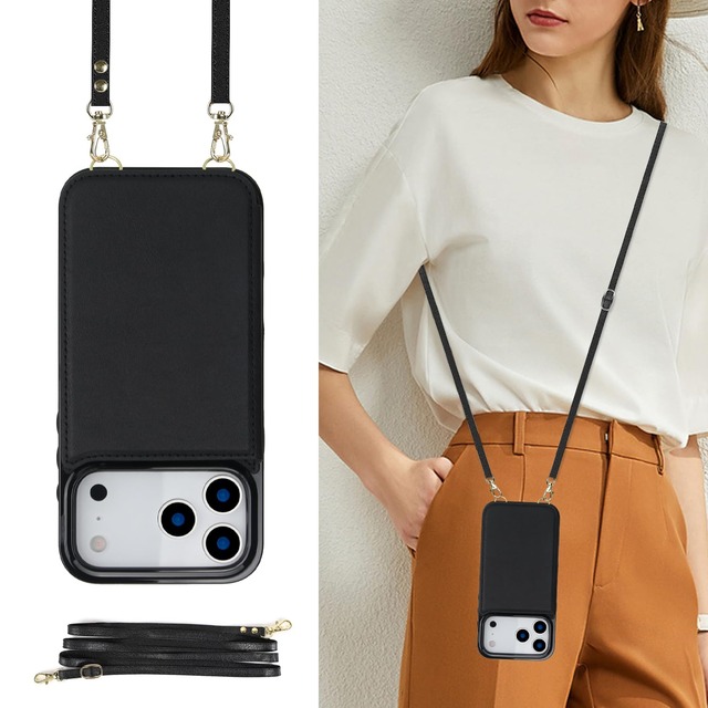 Cavor 適応iphone17 Pro iphone18 Proケース手帳型肩掛け 首かけ斜めがけ アイフォン17 Proショルダーケースiphone18 Proカード収納ケースcase【RFIDブロッキング】iphone18 Pro 財布型カバーレザー PUレザー磁気閉鎖Qi急速充電対応キミング防止 通勤 旅行 ビジネス 男女兼用 横置リ防止対策-ブラック